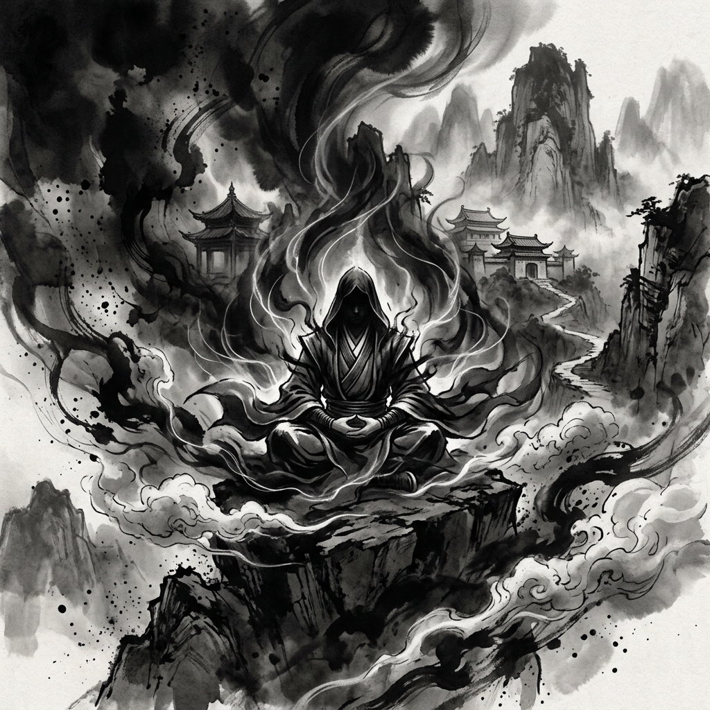 Ink wash meditation figure