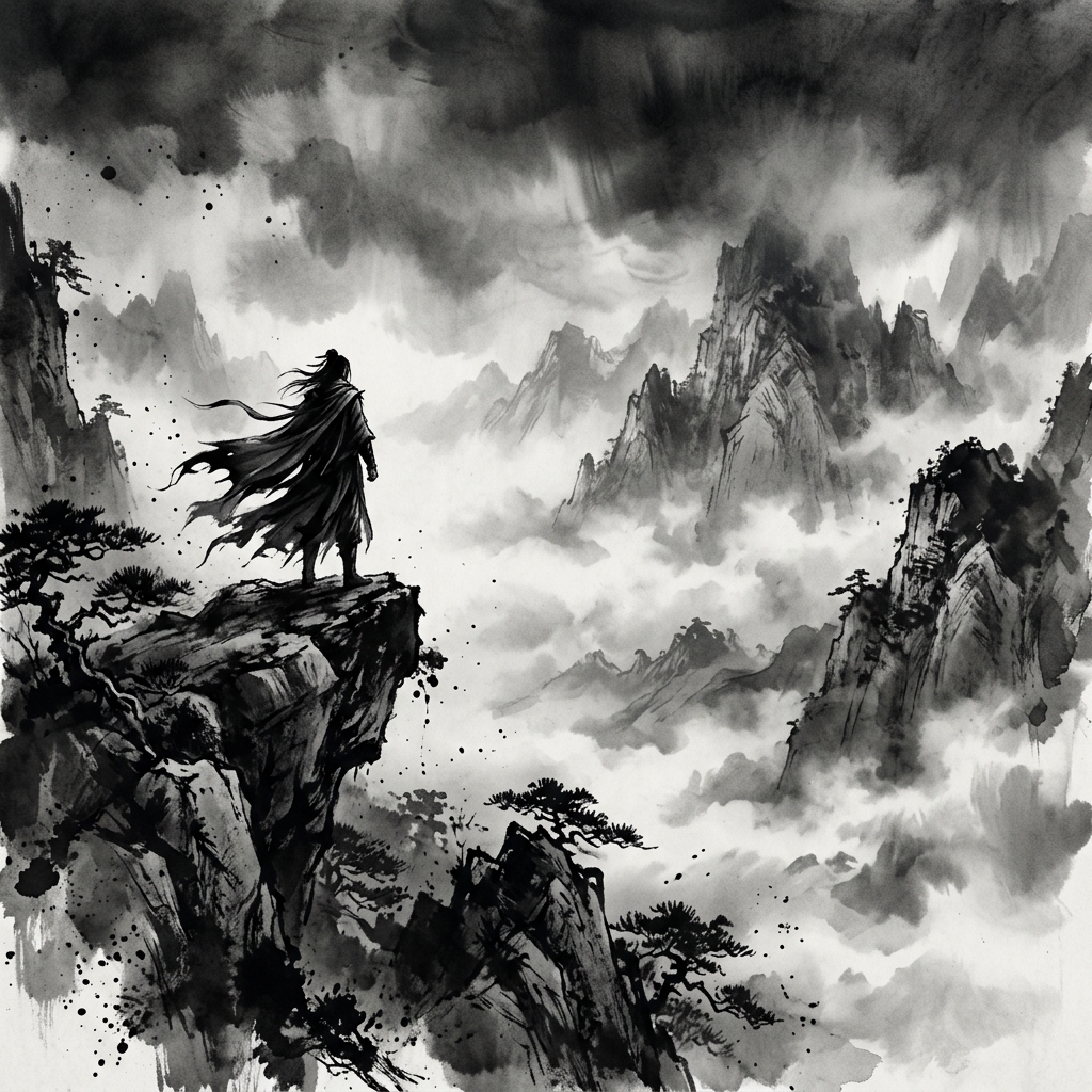 Ink wash figure on misty mountain